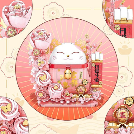 Lucky Cat Building Block Set, Compatible with Lego Cat, 868Pcs Cute Fortune Cat with Flowers Building Blocks, Christmas Birthday Creative Gift for Girls Boys Adult (Pink Cat)