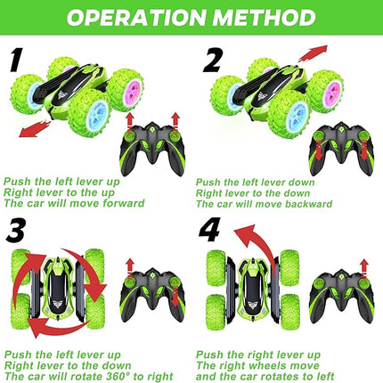 KKONES Remote Control Car, 2.4GHz Electric Race Stunt Car, Double Sided 360° Rolling Rotating Rotation, LED Headlights RC 4WD High Speed Off Road Gift for 3 4 5 6 7 8-12 Year Old Boy Toys (Green)