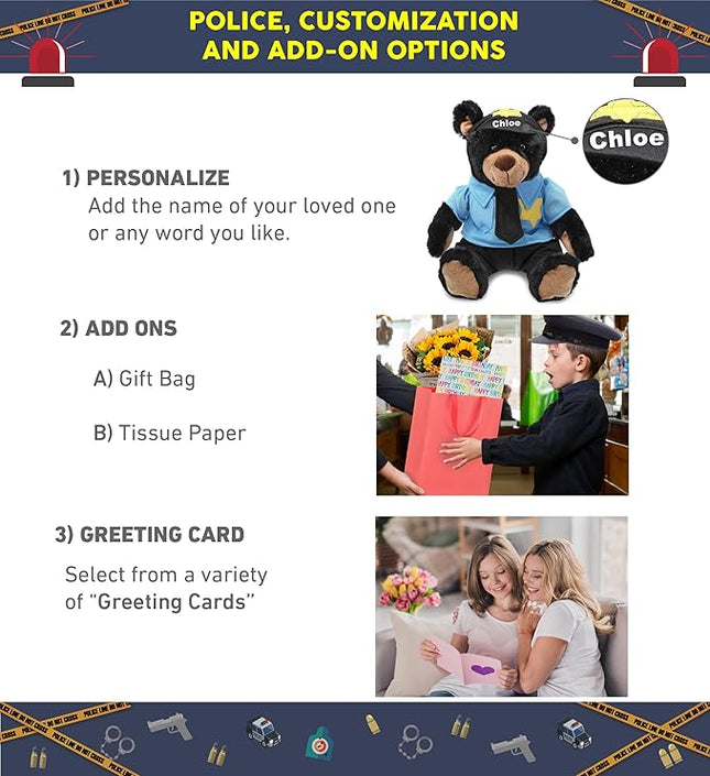 DolliBu Black Bear Police Officer Plush Toy - Super Soft Plush with Red Plaid Hoodie Stuffed Animal with Cute Cop Uniform and Cap Outfit - Gift with Personalization - 10 Inches