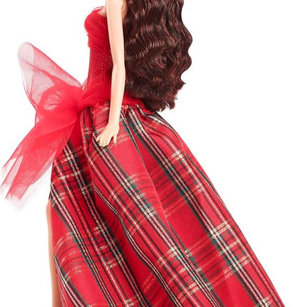 Barbie Signature 2024 Holiday Dolls, Seasonal Collector Gift, Plaid Gown with Red Bow, Displayable Packaging, Dark Brown Hair