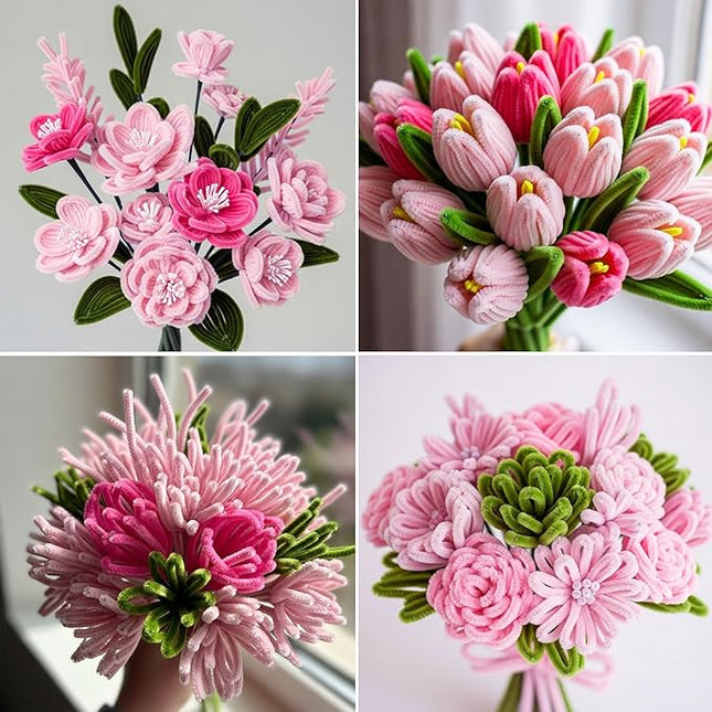 Caydo 200 Pieces Pink Flowers Pipe Cleaners Craft for Valentine's Day Decor, Fluffy Chenille Stems for Making Various Flowers and Creative Arts Crafts Projects