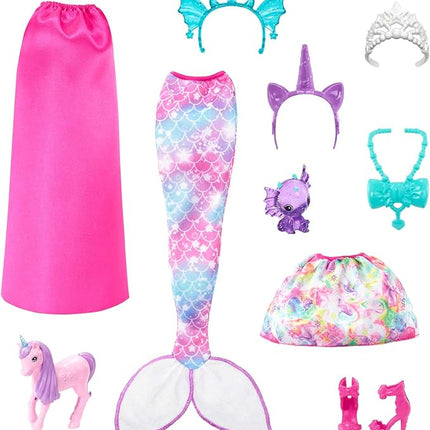 Barbie Dreamtopia Doll with Clothes & Accessories, Fairytale Dress-Up Set with Mermaid Tail, Baby Unicorn, Dragon Pet & More