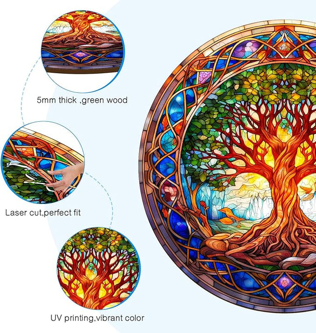 Wooden Puzzles for Adults - Stained Glass Tree of Life Wooden Jigsaw Puzzle for Adults – Unique 200-Piece Art Puzzle, Premium Brain Teaser & Decorative Gift (11.4"x11.4")