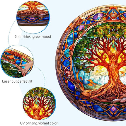Wooden Puzzles for Adults - 300 Pieces Stained Glass Tree of Life Wooden Puzzle - Unique Animal Shape Wood Cut Puzzles - Eco-Friendly Home Office Decor (L-13.4 * 13.4in)