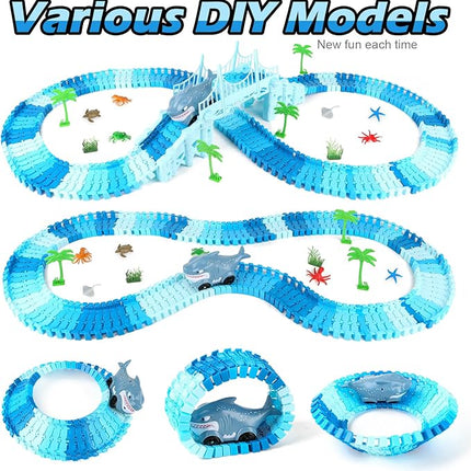 264 PCS Shark Race Tracks for Kids Toys, Glow in The Dark Magic Toy Set, 2 Shark Cars Track, Flexible DIY Track Set, Birthday Gift for Age 3-9 Boys Toddler Girls