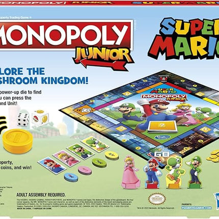 Monopoly Junior Super Mario Edition Board Game, Fun Kids' Ages 5 and Up, Explore The Mushroom Kingdom as Mario, Peach, Yoshi, or Luigi (Amazon Exclusive)