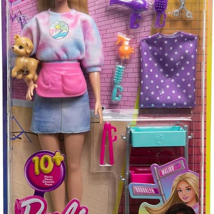 Barbie Stylist Doll & 14 Accessories, Blonde Barbie "Malibu" Fashion Doll On-set with Cart, Smock, Makeup Palette, Pet Puppy & More