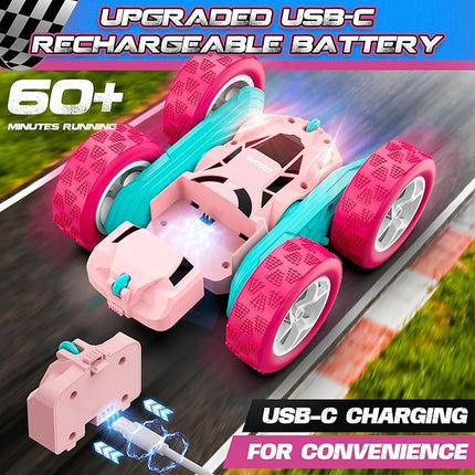 RC Cars, Pink Remote Control Car for Girls, 2.4 GHZ Double Sided RC Stunt Car 360 Rotating Remote Control Cars with Headlights Toys for 6 7 8 9 10 11 12 Girls Birthday Gift