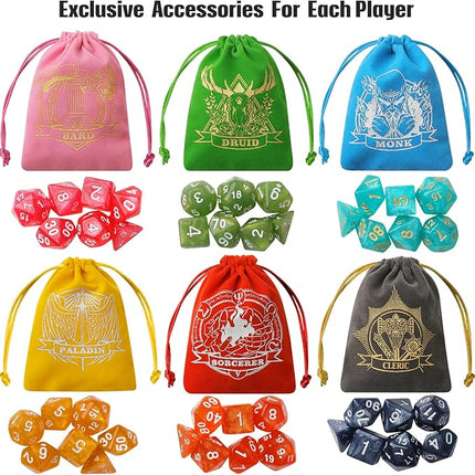 Grajar D&D Dice Set with Characters Pattern Dice Pouches, 42 Pcs polyhedral dice Set, PU Leather and Velvet dice Tray for Dungeons and Dragons D&D RPG MTG Table Games Nebula