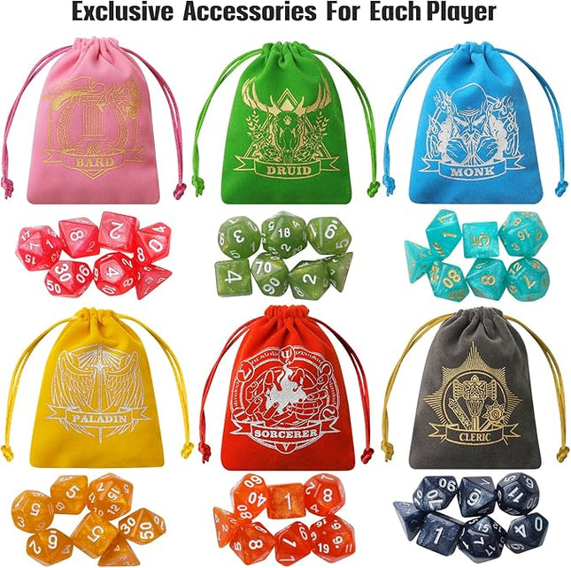 Grajar D&D Dice Set with Characters Pattern Dice Pouches, 42 Pcs polyhedral dice Set, PU Leather and Velvet dice Tray for Dungeons and Dragons D&D RPG MTG Table Games Nebula