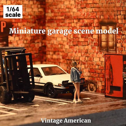 Display Case for Hot Wheels,Diorama 1/64 Scale Car Garage Model with LED Lights and Acrylic Cover, Stackable Car Parking Lot Model,Diecast Car Display Case (Vintage Garage)