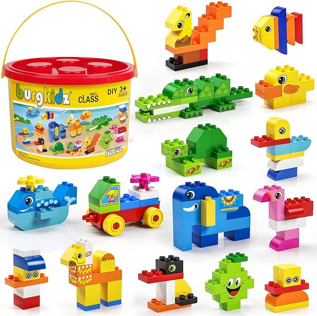 burgkidz Educational Toy Classic Big Size Bricks Building Blocks, Large Compatible Animal Building Bricks with Reusable Storage Bucket Gift for Boy Girl Ages 3+