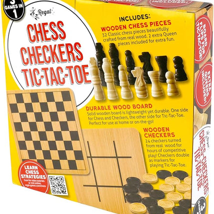 Regal Games - Reversible Wooden Board for Chess, Checkers & Tic-Tac-Toe - 24 Interlocking Wooden Checkers and 32 Standard Chess Pieces - for Age 8 to Adult for Family Fun