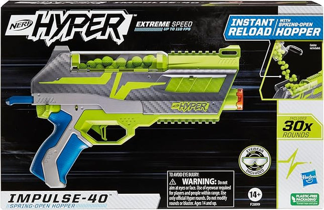 NERF Hyper Impulse-40 Blaster, 30 Nerf Hyper Rounds, Spring-Open Instant Reload Hopper, Up to 110 FPS Velocity, Eyewear Included