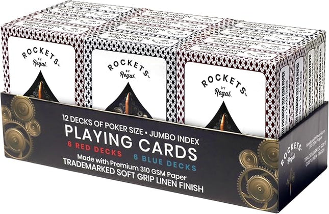 Regal Games [12 Decks] Rocket Jumbo Playing Cards - Contains 6 Red & 6 Blue Decks, 310 GSM Paper, 2.5" x 3.5" Plastic Coated Cards with Extra Large Print