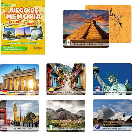 Menique Explore The World Memory Matching Game – Spanish Edition – 100 Cards (50 Pairs) with Iconic Landmarks, Country & Flag – Educational Geography Game in Spanish.