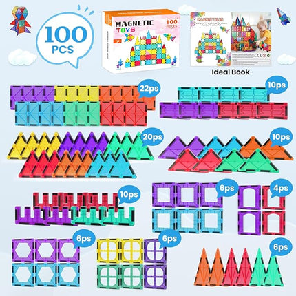 Magnetic Tiles - 100 Pieces Magnetic Blocks for Kids, Magnet Tiles Building Blocks Set, Construction STEM Magnet Toys Gift for Kids, Boys and Girls 3 4 5 6 7 8+ Year Old