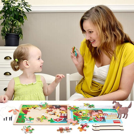 SYNARRY 24 Pieces Puzzles for Kids Ages 3-5, Farm Wooden Jigsaw Puzzles with Storage Tray, Educational Preschool Puzzles Toys Set for Toddler, Easter Basket Stuffers Valentines Day Gifts for Kids