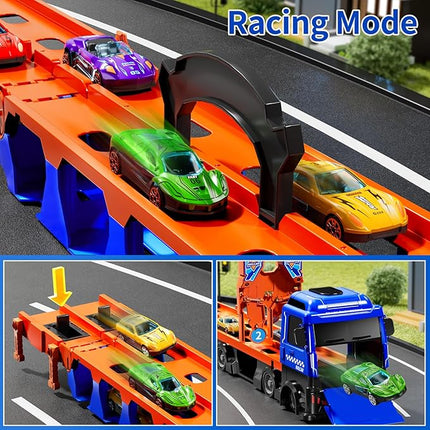 Toy Truck for 3 4 5 6 Years Old Kids Boys, 78-Inch Race Track Transport Vehicle and 12 Die-Cast Metal Toy Cars, Carrier Truck Toddler Truck Car Toys Set Gifts for Age 3-12 Years Old Kids Boys