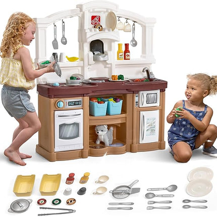 Step2 Fun with Friends Kids Kitchen Playset, Indoor/Outdoor Kitchenette, Interactive Play with Lights and Sounds, Durable Plastic, Includes 25 Piece Toy Accessories, Toddlers 2+ Years Old, Tan