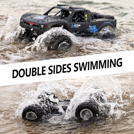 Monster Truck Toys, 2.4G Amphibious Remote Control Car for Boys, 1:16 Scale All-Terrain Rc Car with Double-Sided Driving, 4WD, 2 Rechargeable Batteries, for Boys & Adults-Blue
