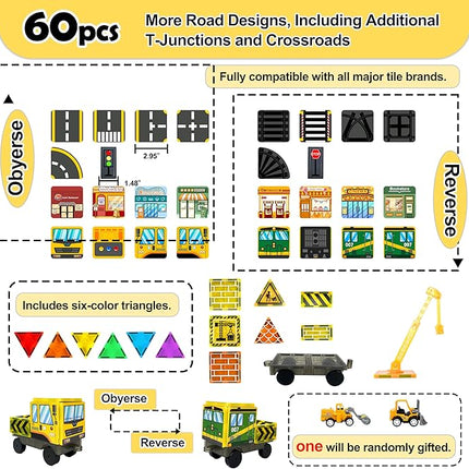 60pc Magnetic Tiles Road Set with 2 Cranes, Creative Construction Toys for Kids Ages 3-12, Boys & Girls, Dentist & Engineering Themed Building Blocks