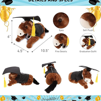 DolliBu Lying Brown Horse Graduation Plush Toy - Soft Graduation Stuffed Animal Dress Up with Gown & Cap with Tassel Outfit - Gift with Personalization - 10.5" Inches