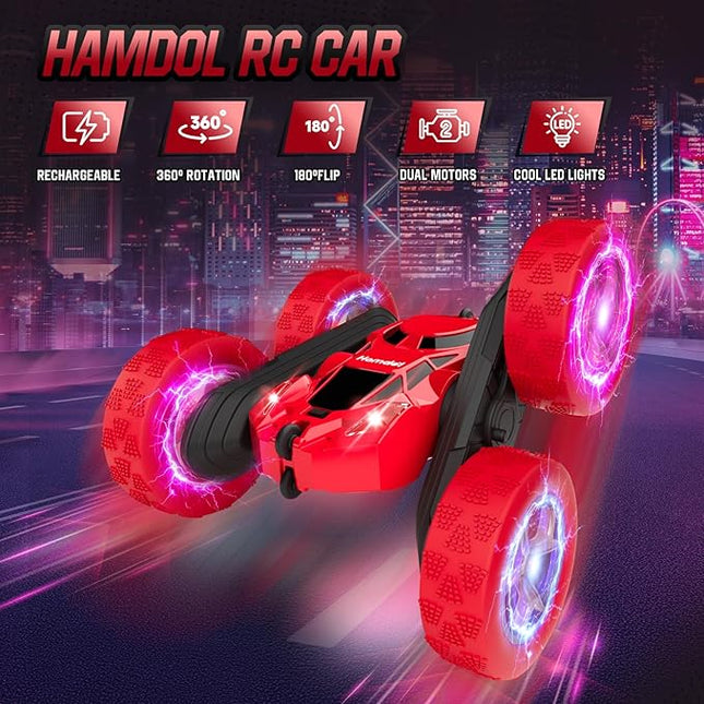Remote Control Car Double Sided 360°Rotating 4WD RC Cars with Headlights 2.4GHz Electric Race Stunt Toy Car Rechargeable Toy Cars for 6-12 Year Old Boys Girls BirthdayGift (Red)