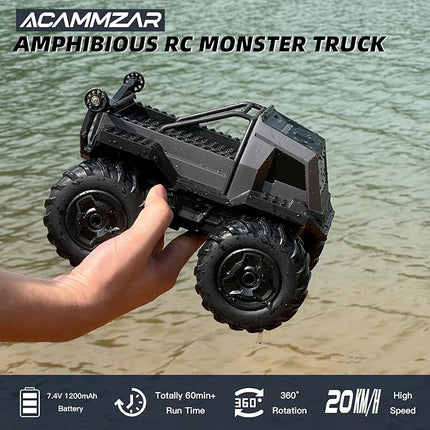 ACAMMZAR Amphibious Remote Control Car for Kids, 1:16 RC Trucks 4WD Offroad All Terrain,DIY Pick-up Toys Waterproof Monster Truck,60Mins+ Play Time,with Light, Stunt, 360° Spin,RC Cars for Boys Adults