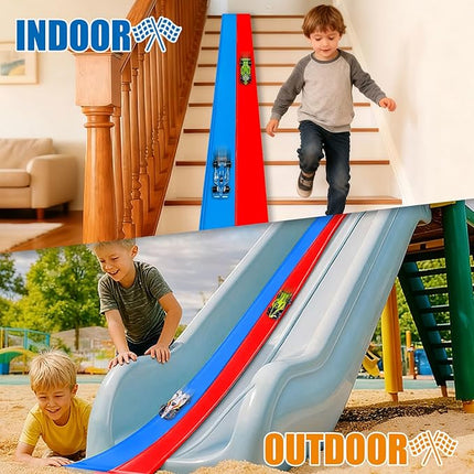 Flexible Race Track Toys for Kids, 15 Ft Double Lane Racetrack with 4 Cars & Suction Cups, Compatible with Hot Wheels & 1/64 Diecast Cars, Portable Roll Up Car Ramp Track Set for Ages 3+(Red & Blue)