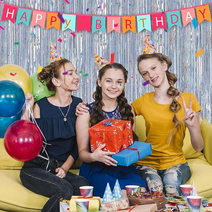 2 Pack Laser Silver Foil Fringe Curtains Streamers Party Decorations 3.3 x 8.2 ft, Pink Tinsel Curtain Fringe Backdrop for Parties, Door Fringe Birthday Streamers, Barbie Backdrop Birthday Decorations