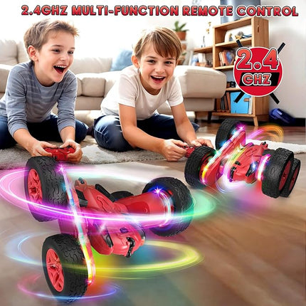 Remote Control Car,RC Cars with Sides Light Strip and Headlights,Double Sided 360 Flips Rotating RC Stunt Car,2.4Ghz All Terrain Toys for Ages 5-7 Kids Toy for Boys Girls Birthday Gift(Red)