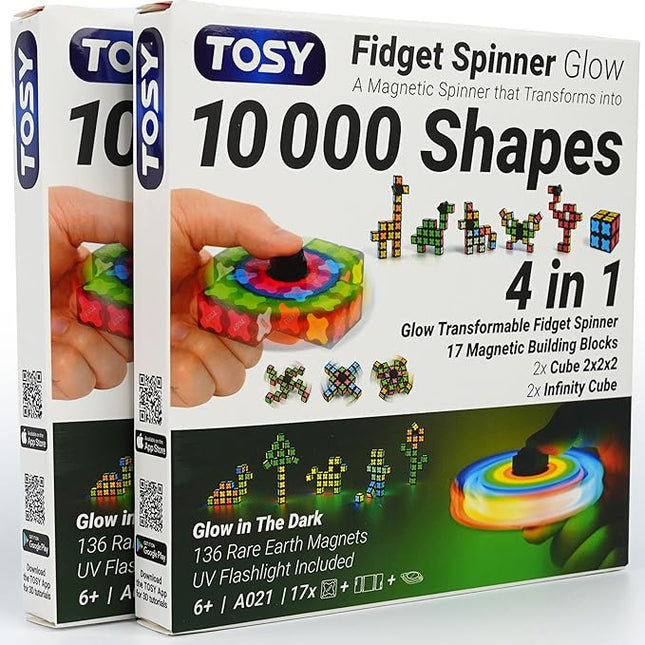 TOSY Magnet Fidget Spinner Glow - 16 Blocks, 3 in 1 Toy: Transformable Fidget Spinner, Infinity Cube, 2x2 Puzzle Cube, Glow, STEM/STEAM Magnet Tiles Birthday Gift for Kids/Boys/Girls/Adults, 2-Pack