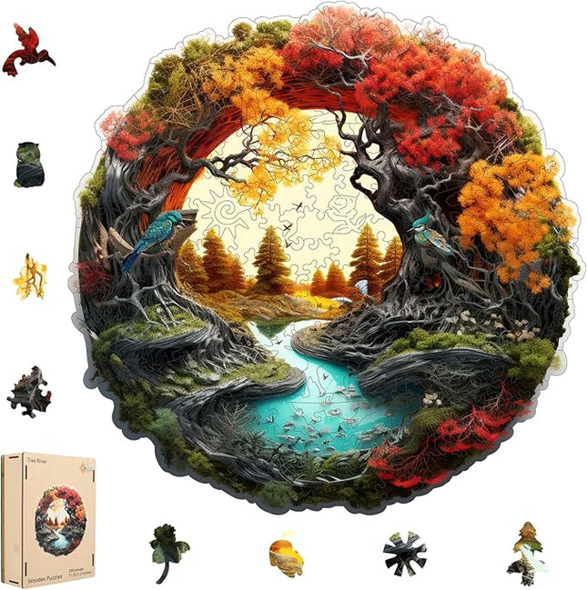 Tree River 200 Pieces Wooden Puzzles for Adults - Autumn Landscape Jigsaw Puzzle with Colorful Trees and Flowing River, Family Night Fun & Thanksgiving Gifts, 11.2x11.1 in