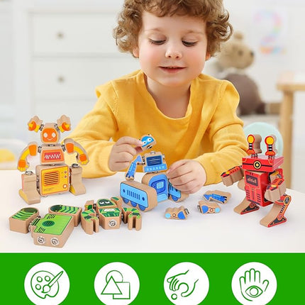 Coogam Fine Motor Building Robot Blocks for 3 4 5 Years Old Kids, Wooden Snap Together Builders, STEM Take Apart Robot Playset, Educational Learning Toy Gift for Boys Girls
