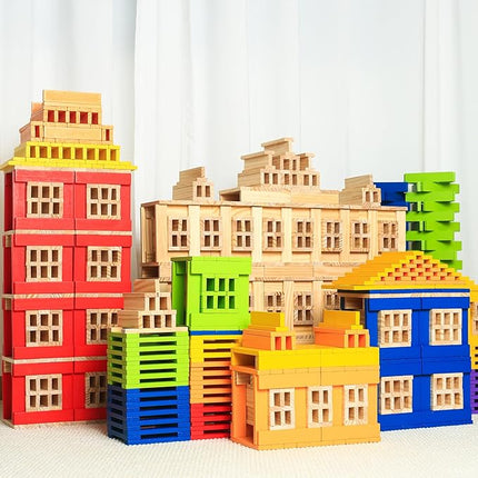 300pcs Open Ended Wooden Building Blocks for Kids 6.6lb, Solid Rectangular Wood Construction Toys for Toddlers, STEM Building Set,Birthday Gift for Kids Ages 3-8 Small 4.7" - Pine Rainbow
