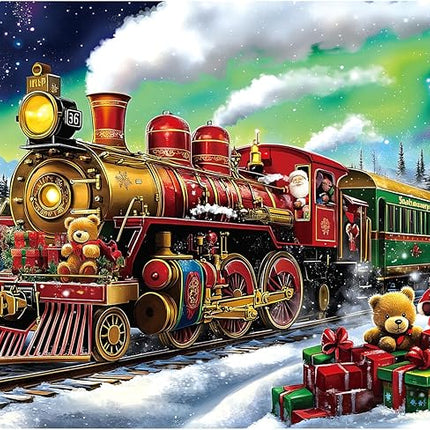 Blueforest Christmas Train Puzzles for Adults 1000 Pieces - 27.5x19.7 Inches Holiday Train Scene with Aurora & Santa Jigsaw Puzzle, Challenging Art Puzzle Home Decor