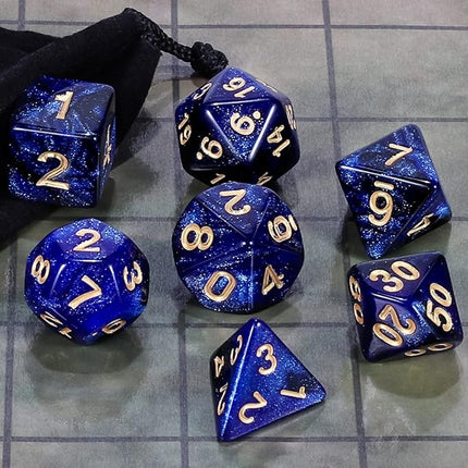CiaraQ DND Polyhedral Dice Set for Dungeons and Dragons RPG MTG Role Playing Table Games-with 1 Dice Pouch (Dark Blue & Black + Glitter)