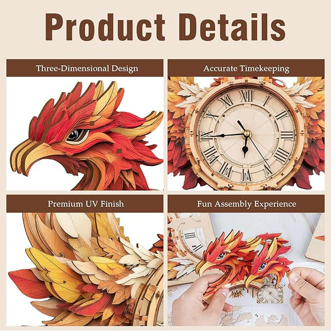 KAAYEE 3D Wooden Puzzles for Adults Phoenix Clock - Wall ‌‌Clock Puzzle DIY Model Kit Christmas Creative Art Craft Gift Home Decor for DIY Enthusiasts, Brain Teaser Building Birthday Gifts