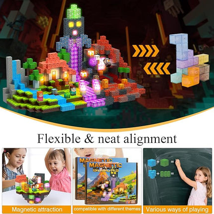 Magnetic Tiles Building Blocks for Kids Ages 3+, STEM Toys for Toddlers, 200PCS Magnetic Construction Set with Storage Bag, Educational Birthday Gifts for Boys & Girls (Volcano)