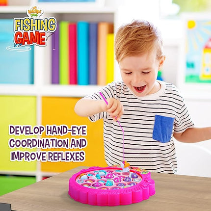 Fishing Game Play Set - 21 Fish, 4 Poles, & Rotating Board w/ On-Off Music - Family Children Backyard Pink Toy Games for Kids and Toddlers Age 3 4 5 6 7 Girls and Up