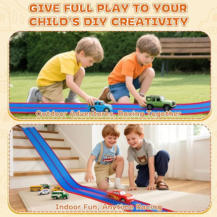 15 Ft Flexible Race Track for Kids – Portable Car Race Track Starter Set with Suction Cups, Rolls Up Easy, Compatible with 1/64 Diecast Cars, Birthday Gift for Boys & Girls Ages 3+ (Blue&Red)