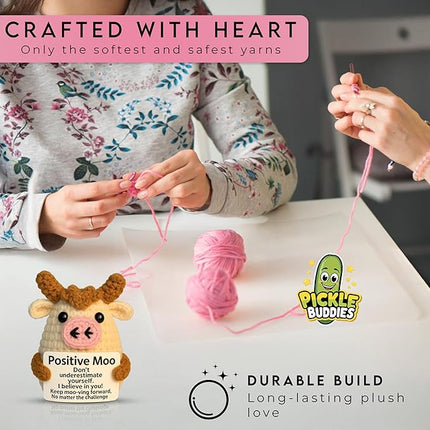 Positve Moo - Emotional Support Crochet Dolls Positive Crochet Animals Gifts Emotional Support Plush for Anxiety & Stress Relief Crochet Positive Cow Desk Decor
