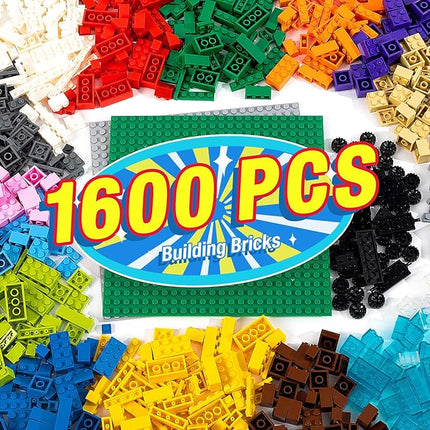 1600 Pieces Building Bricks, Building Bulk Block with 2 Packs 24x24 Studs Sticky Plate and 46PCS Wheel Accessory - Compatible with All Major Bricks, Gfits for Kid - 18 Shape/16 Color