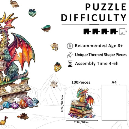 Wooden Puzzles for Adults - Reading Dragon Wood Puzzles Adult - Unique Animal Shape Wooden Jigsaw Puzzles for Adults - Birthday Gifts for Puzzle Lovers, Family (8.5 * 8.5in)