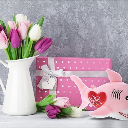 DolliBu I Love You Valentine Plush Pink Shark - Cute Stuffed Animal with Red Heart and Name Personalization Gift for Valentines Day, Birthday, Anniversary, Romantic Date - 12 Inches