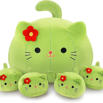 5 PCS Cactus Cat Plush Stuffed Animal Family-19" Soft Cactus Cat Plush, Large Mommy Plushies with 4 Baby Kittens Plushies for Kids, Kawaii Plush Toy Christmas Birthday Gifts for Kids Boys Girls