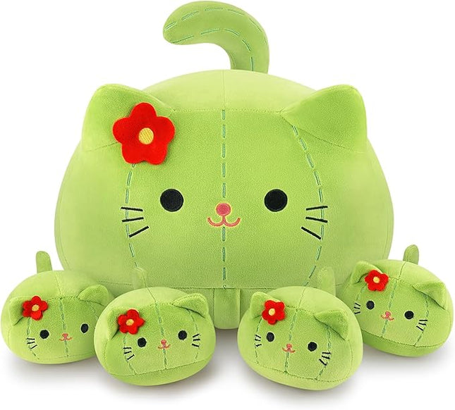 5 PCS Cactus Cat Plush Stuffed Animal Family-19" Soft Cactus Cat Plush, Large Mommy Plushies with 4 Baby Kittens Plushies for Kids, Kawaii Plush Toy Christmas Birthday Gifts for Kids Boys Girls