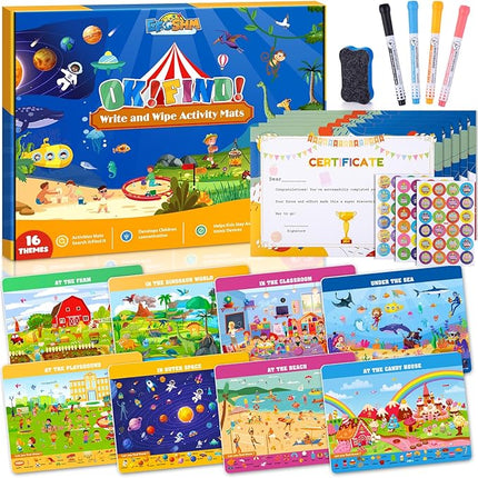 Search Find Activity Books for Kids 3-5 Preschool Learning Activities Reusable Busy Book with 4 Markers 16 Educational Theme Kids Games 4-8 Road Trip Activities Toddler Travel Car Game Toy Gift