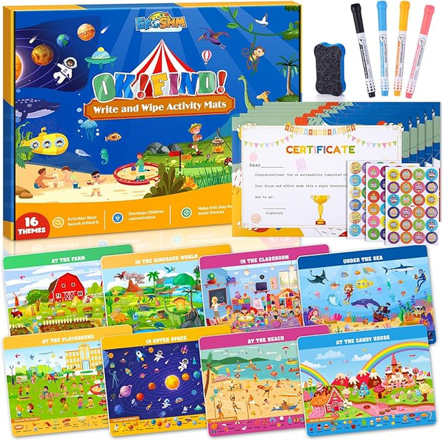 Search Find Activity Books for Kids 3-5 Preschool Learning Activities Reusable Busy Book with 4 Markers 16 Educational Theme Kids Games 4-8 Road Trip Activities Toddler Travel Car Game Toy Gift
